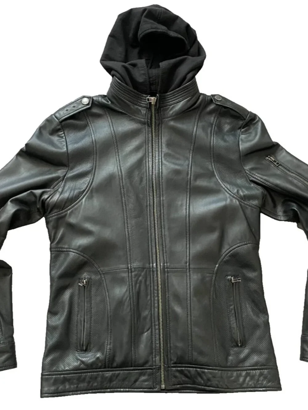 7 Diamonds Manila Black Leather Moto Hooded Jacket